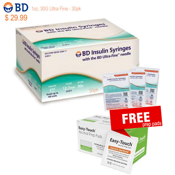 BD Ultra-Fine Insulin Syringe 1cc, 30 Gauge 1/2 in - 30pk (free alcohol wipes)